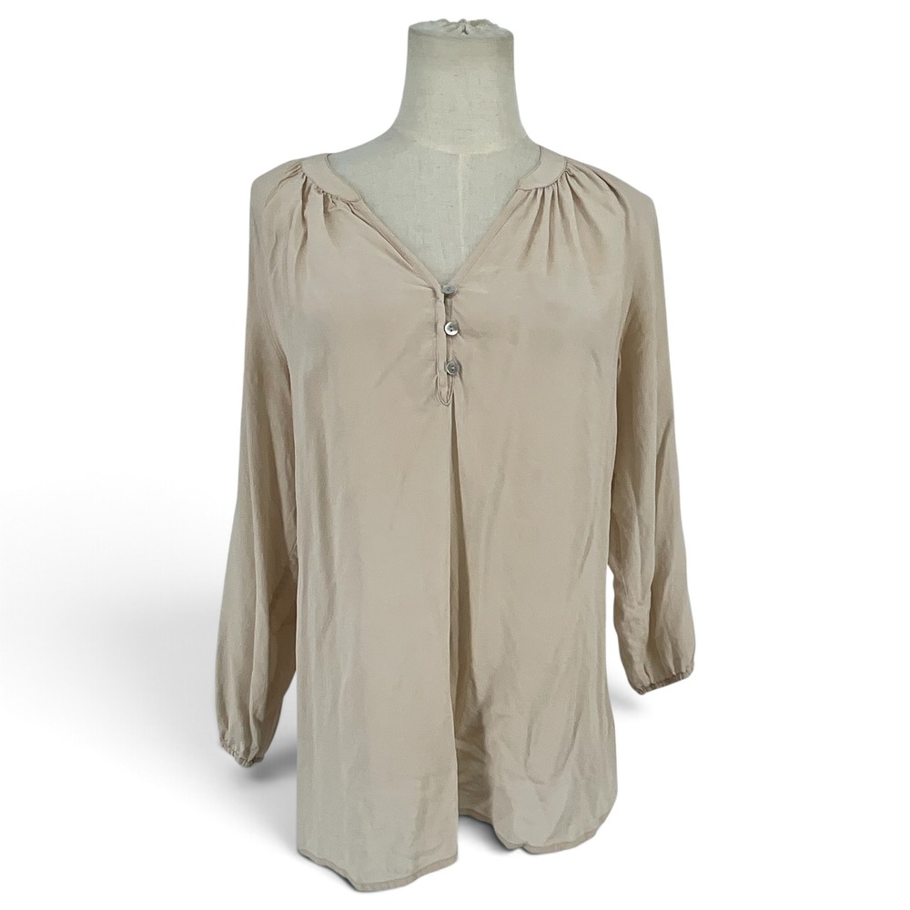 Max Studio Womens Beige 100% Silk V-Neck Long Sleeve Button Blouse Size M